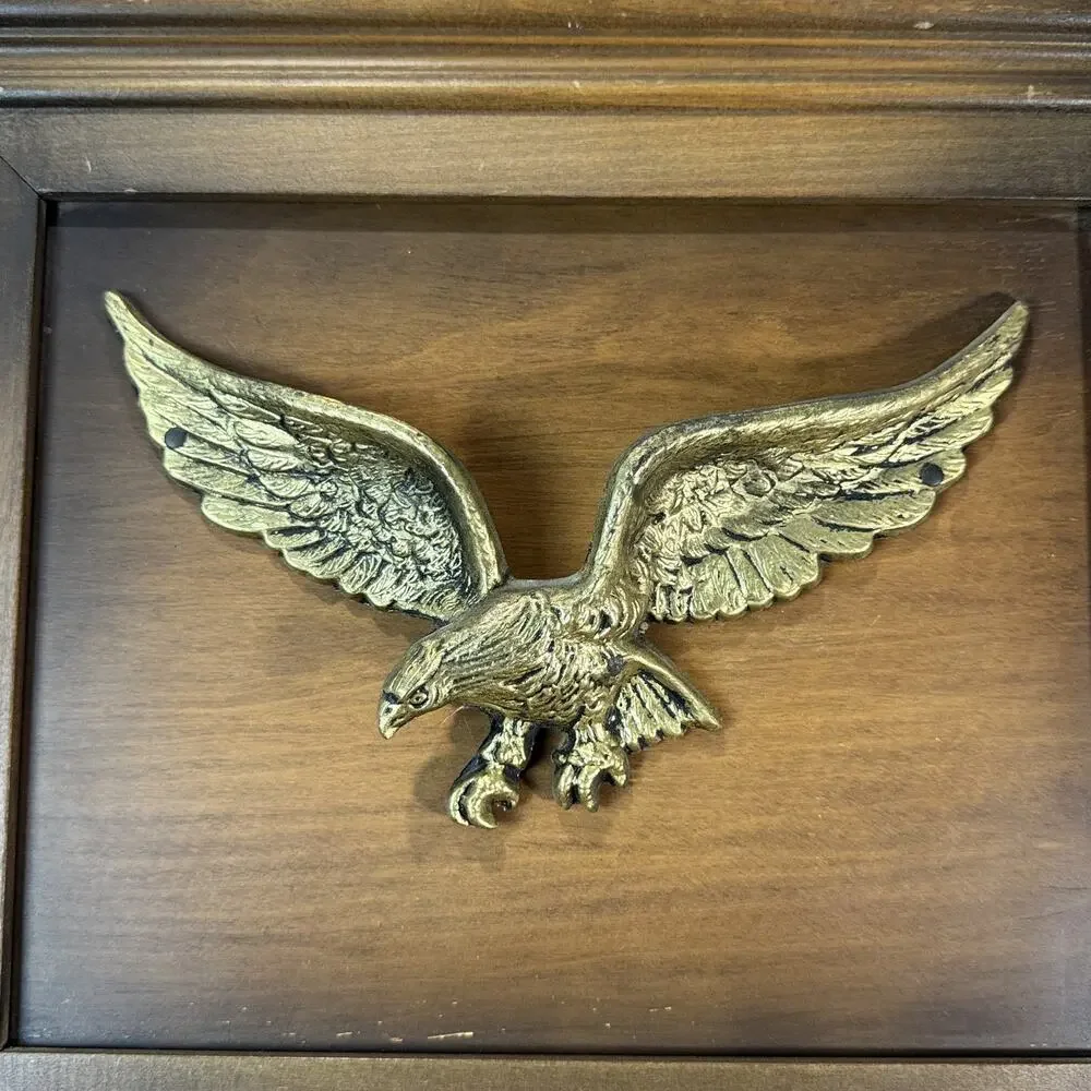 Vintage Wall Mirror with Brass Eagle Appliqué Wood Frame Colonial Decor